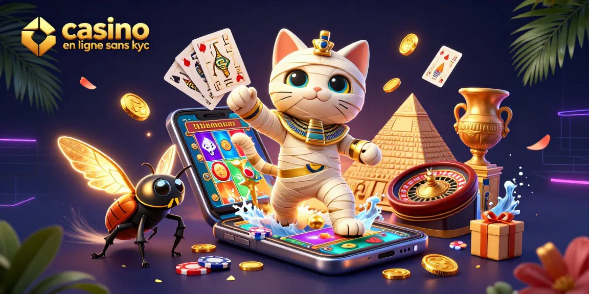 Profitez du monde captivant du casino en ligne sans KYC avec un chat momie égyptien et un scarabée illuminé.
