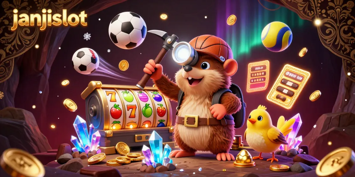 Engage with janjislot and explore the vibrant treasure-filled scene featuring a treasure hunter mole, slot reels, and dynamic sports elements in 3D.