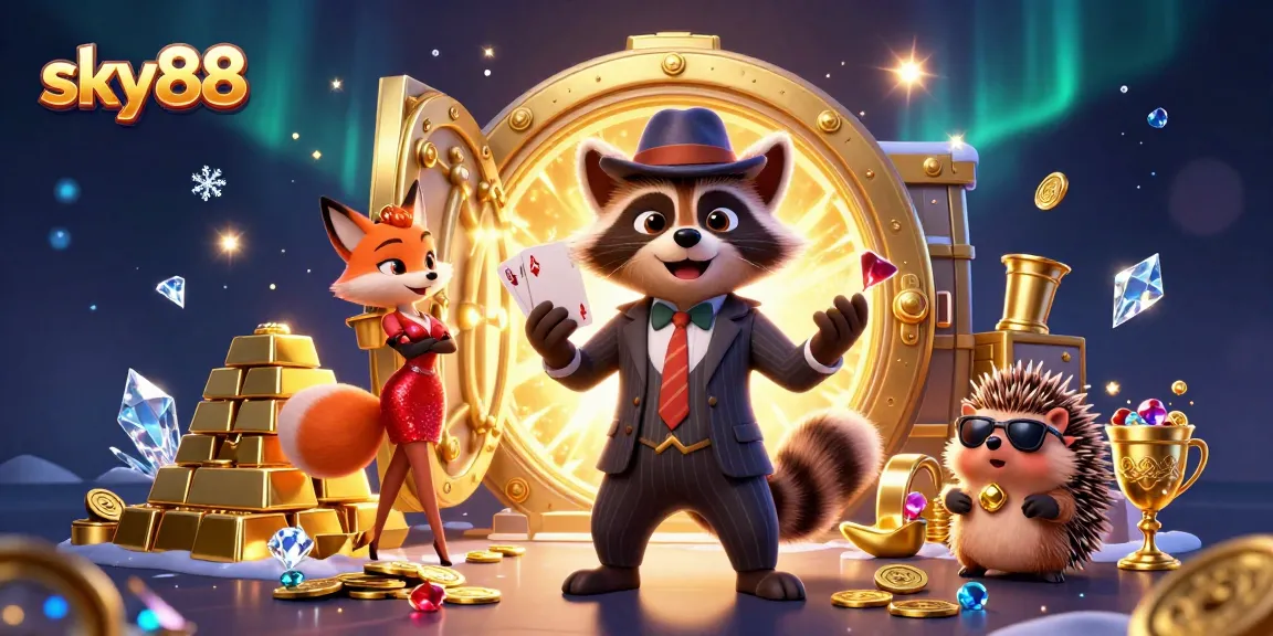 Experience the excitement of sky88 with a dynamic casino scene featuring characters and treasures.