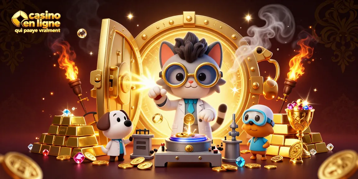 Illustration représentant un casino en ligne qui paye vraiment, avec un chat scientifique et un chien assistant au travail.