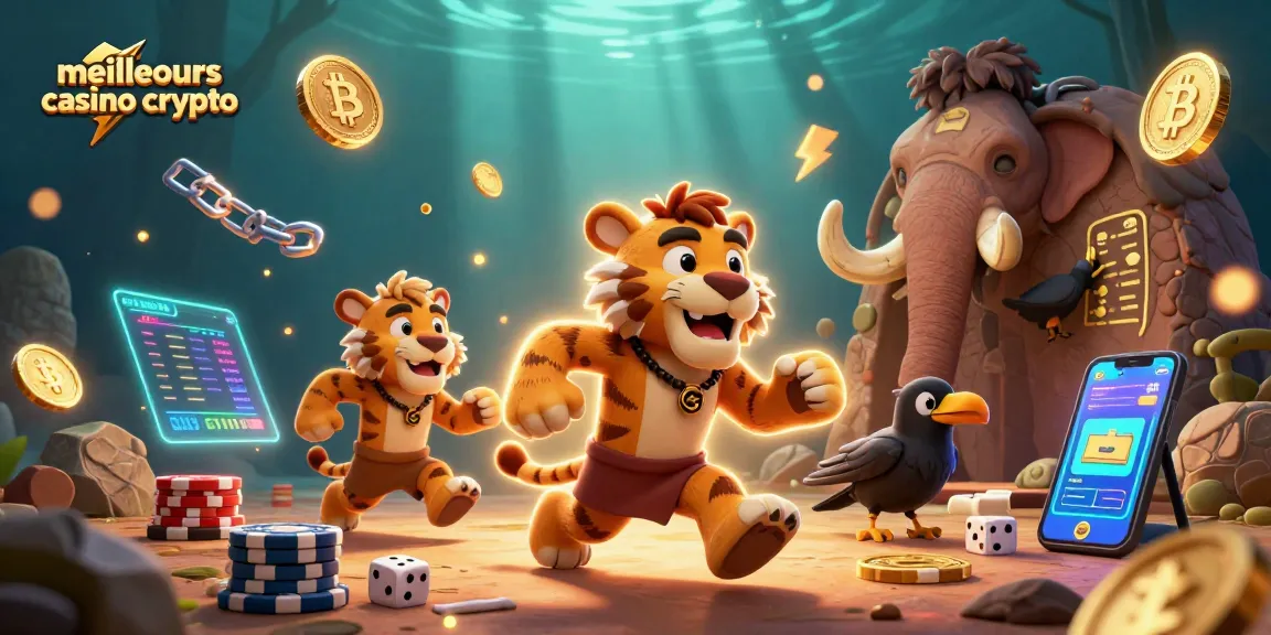 Découvrez les meilleurs casinos crypto avec une illustration dynamique de personnages 3D dans un univers ludique.