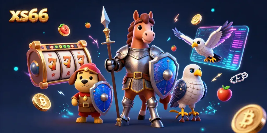Experience the excitement of xs66 with a medieval knight, a squire puppy, and a falcon in a vibrant casino scene.