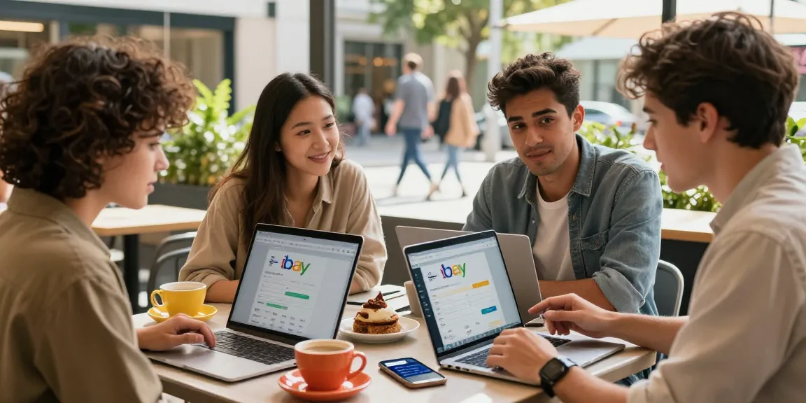 Buy eBay accounts discussion in a vibrant café setting with laptops and coffee.
