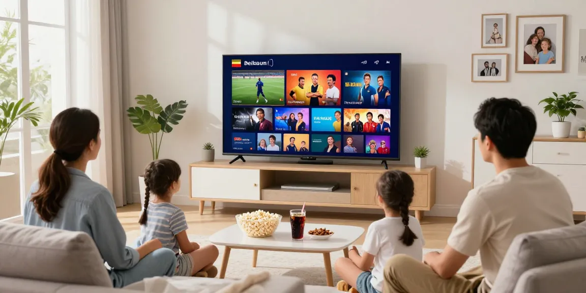 Famille profitant de l'IPTV Belgique dans un salon moderne avec une télévision connectée.