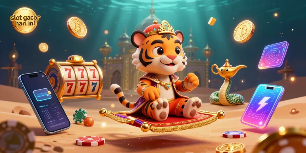 Menggali slot gacor hari ini dengan sultan harimau dan elemen kasino di latar belakang anggun.