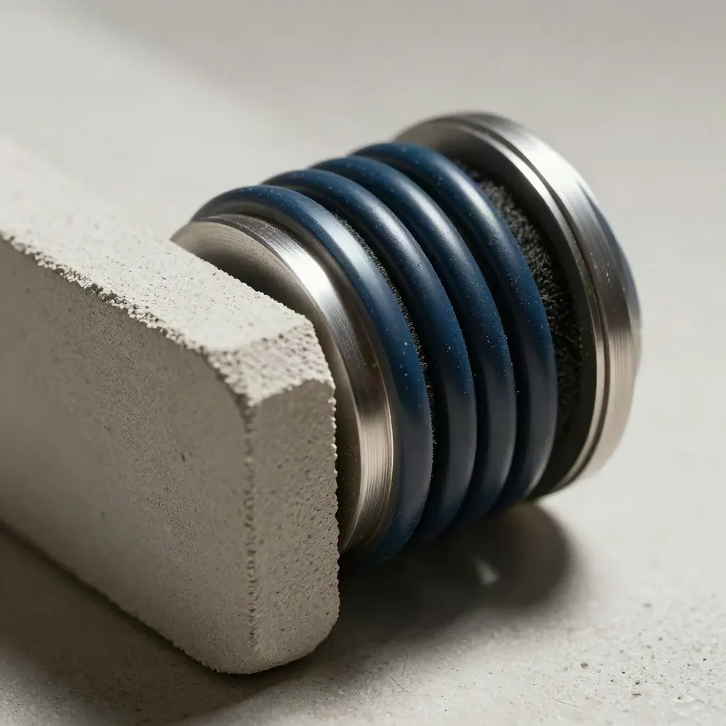 Top-down macro of machined shells, coiled cable, and foam inserts on pale concrete.