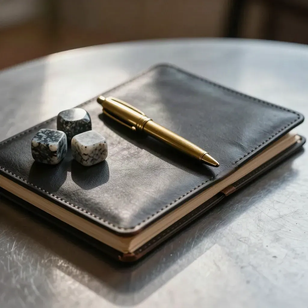 Closed board folio, brass pen and stone paperweights on brushed metal in soft side light.