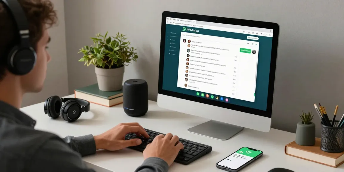 Using WhatsApp網頁版 in a modern workspace with desktop and tech tools.