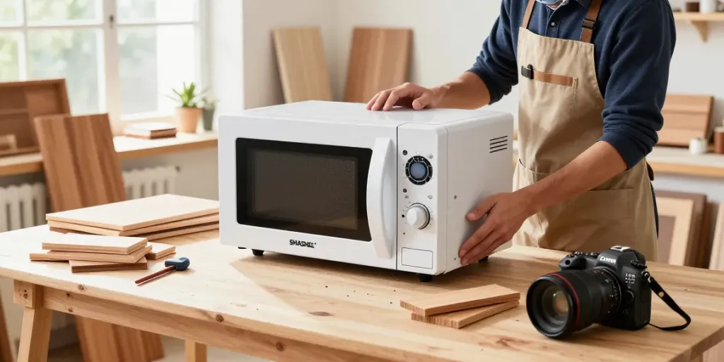 SHASHEL® microwave technology eliminating wood-boring insects in a bright workshop setting.