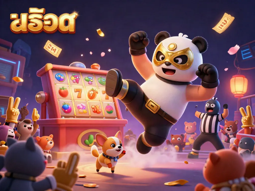 Engage with exciting สล็อต gameplay featuring a panda wrestler and lively animal audience in a vibrant casino setting.