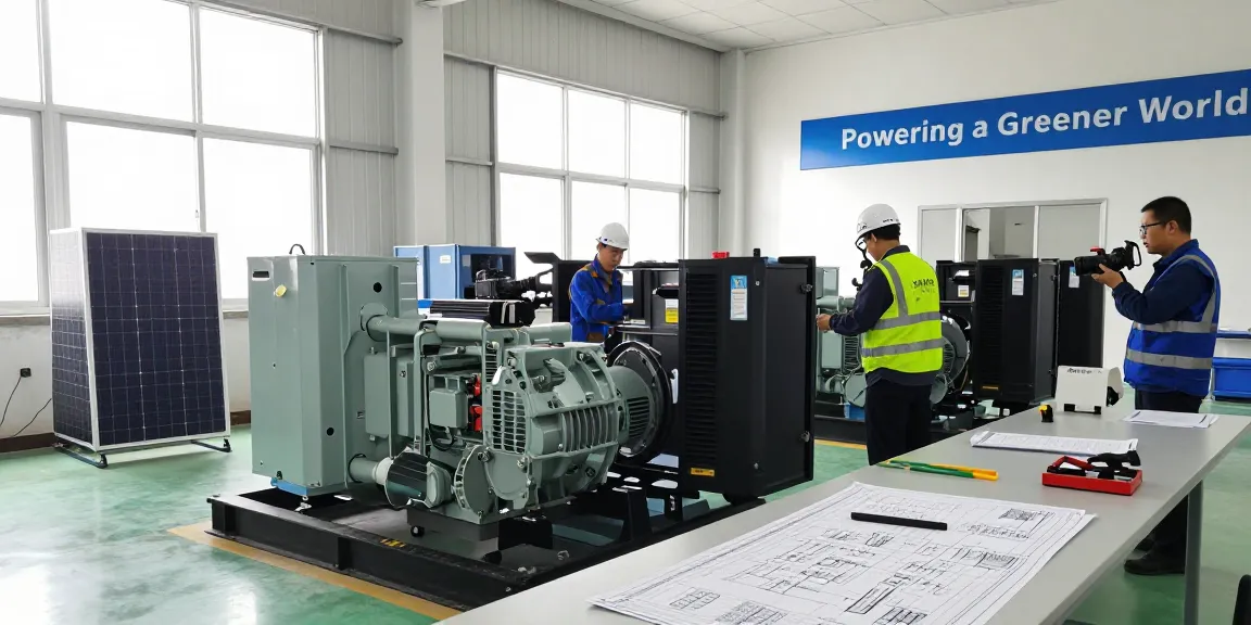 Huaquan Power engineers collaborating on renewable energy generator assembly in a bright industrial setting.