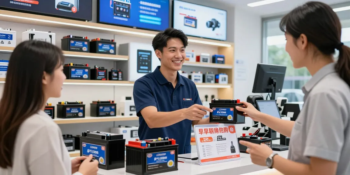 Shop featuring 12V Lithium Batteries with customer assistance and promotional signage.