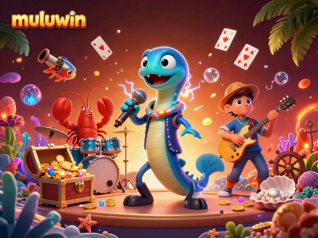 Experience the thrill of winning with Muluwin's electric eel DJ and festive underwater casino scene.