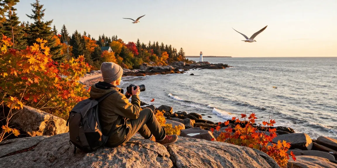 Traveler enjoying the stunning fall coastal views of New Brunswick, featuring Serge Robichaud's explorations.