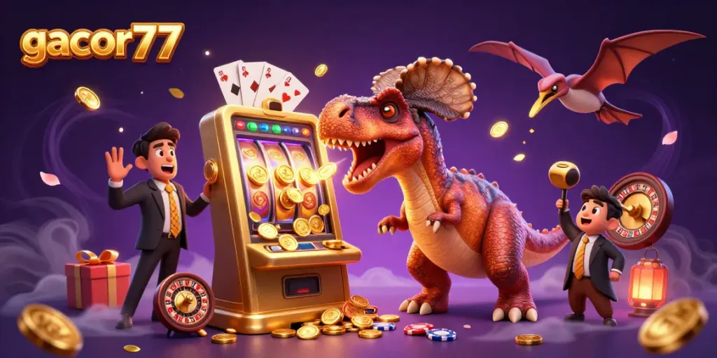 Gacor77 memperlihatkan pachycephalosaurus menyerang mesin slot dan koin mengalir di udara.