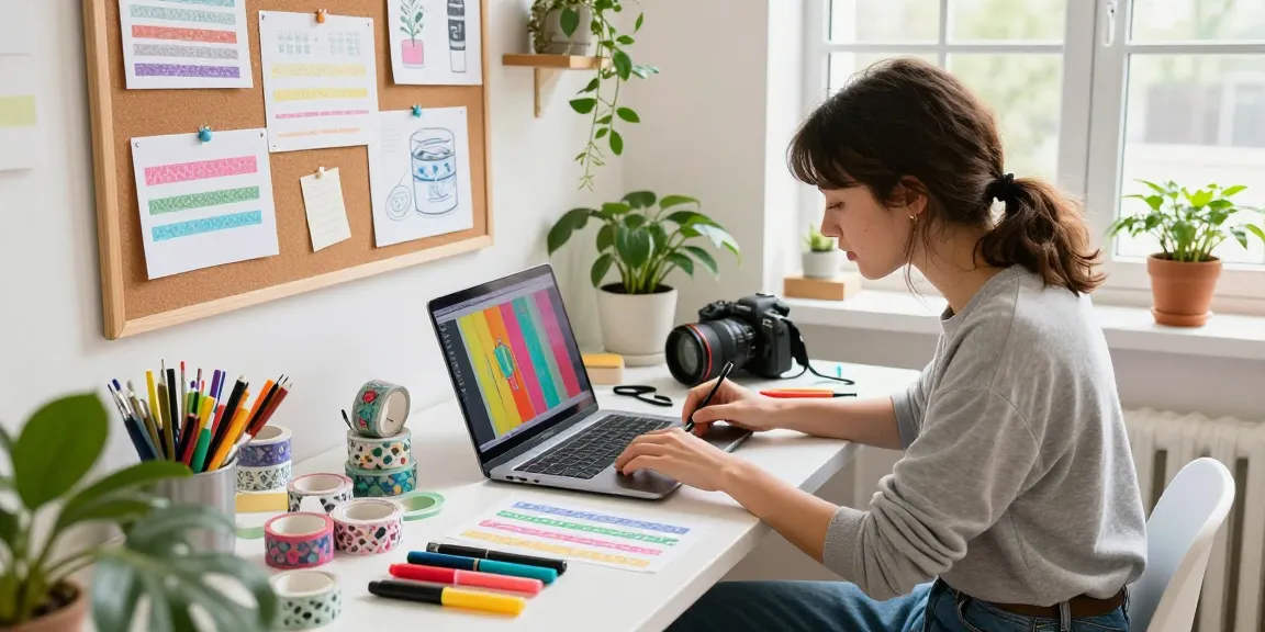 Custom washi tape design session with vibrant colors and crafting materials in a creative workspace.