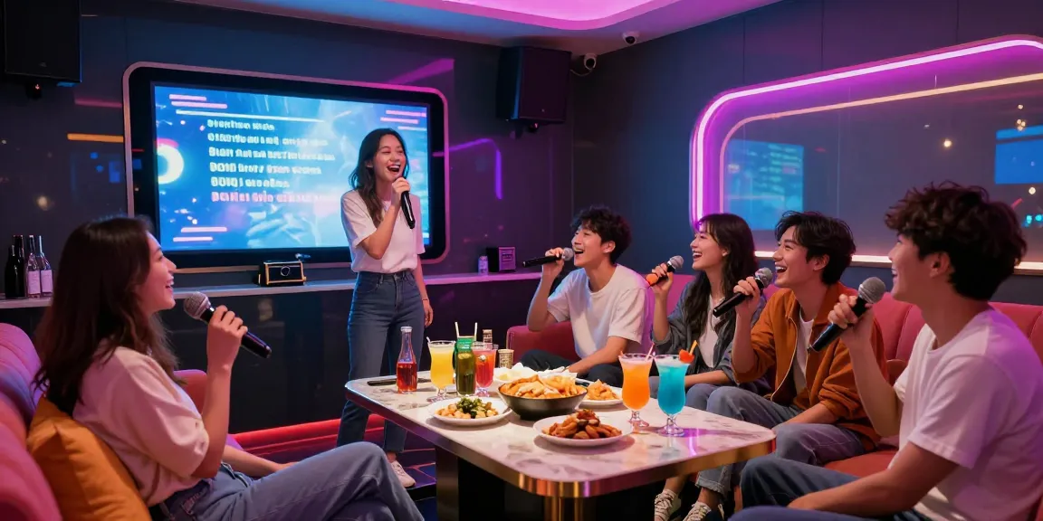 Enjoy a lively night at 강남가라오케 with friends singing and celebrating in a stylish karaoke room.