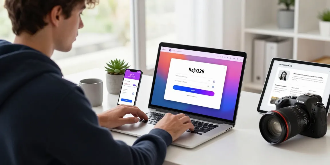 Engaged user navigating the login Raja328 platform on a laptop in a modern workspace.