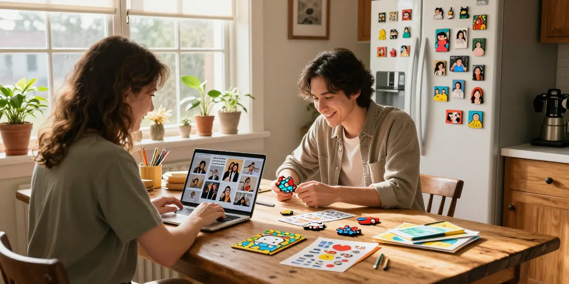 Designing personalized photo magnets in a warm home kitchen with vibrant samples and family memories.