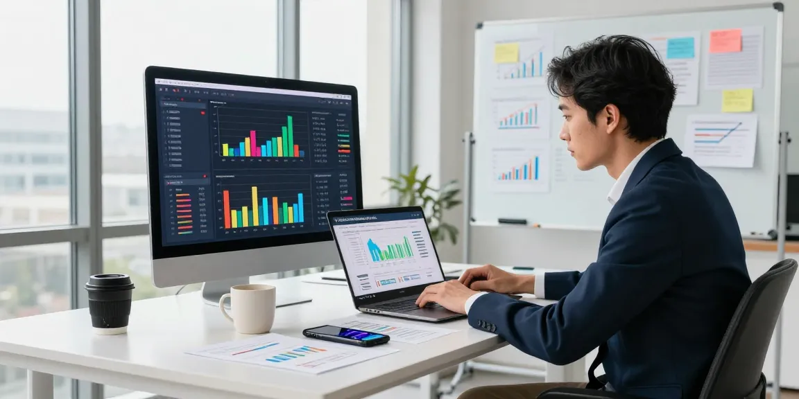 Digital marketing strategist analyzing web traffic data for companynamesucks.com in a modern office setting.
