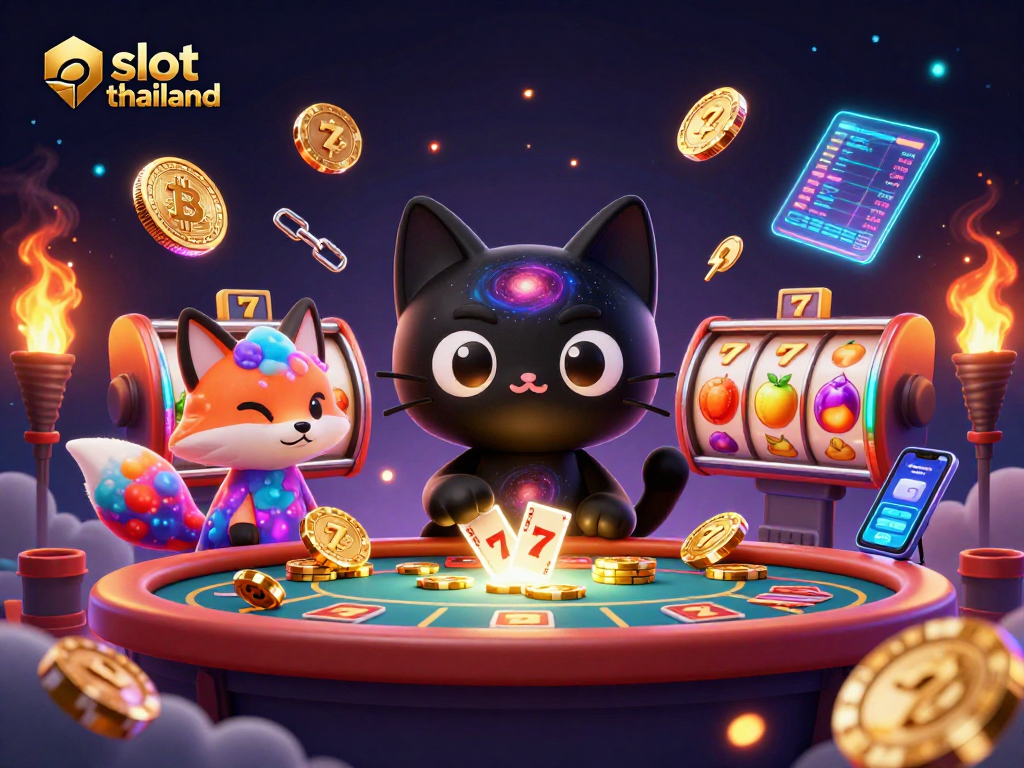 Experience slot thailand action with a cosmic cat and colorful fox at a vibrant casino table.