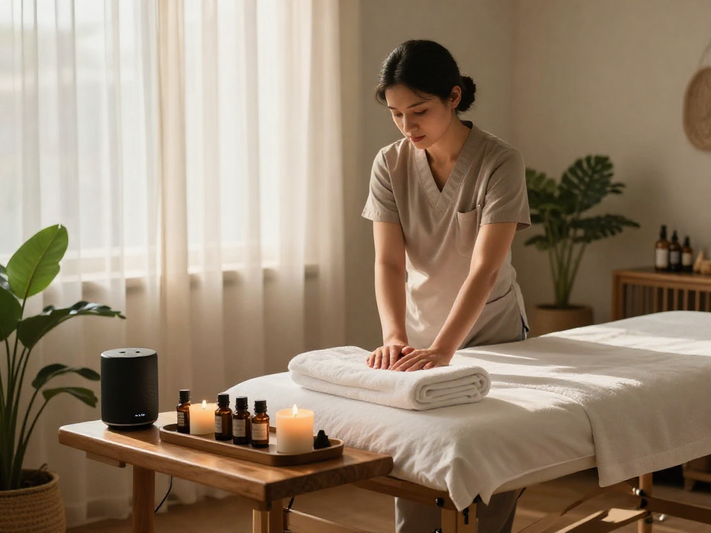 출장마사지 therapy session in a calming home spa environment with essential oils and soft morning light.