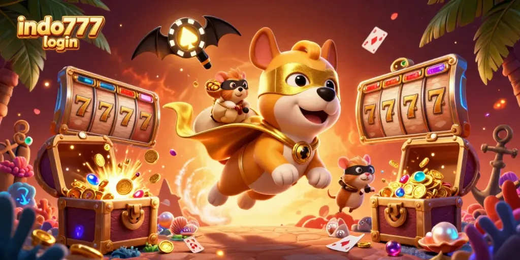 Menang dengan indo777 login, super hero anjing terbang membawa koin emas di tengah atribut slot.