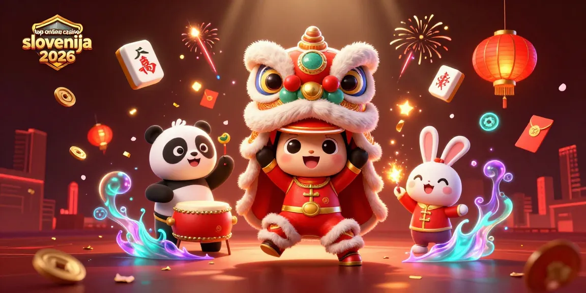 Najboljši spletni casino v Sloveniji 2026 z lion dance kostumom in srečnimi simboli, veseli igralce.