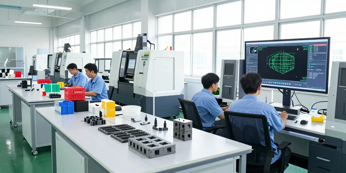Engineers collaborating on custom mold services in a modern manufacturing facility with advanced CNC machines in view