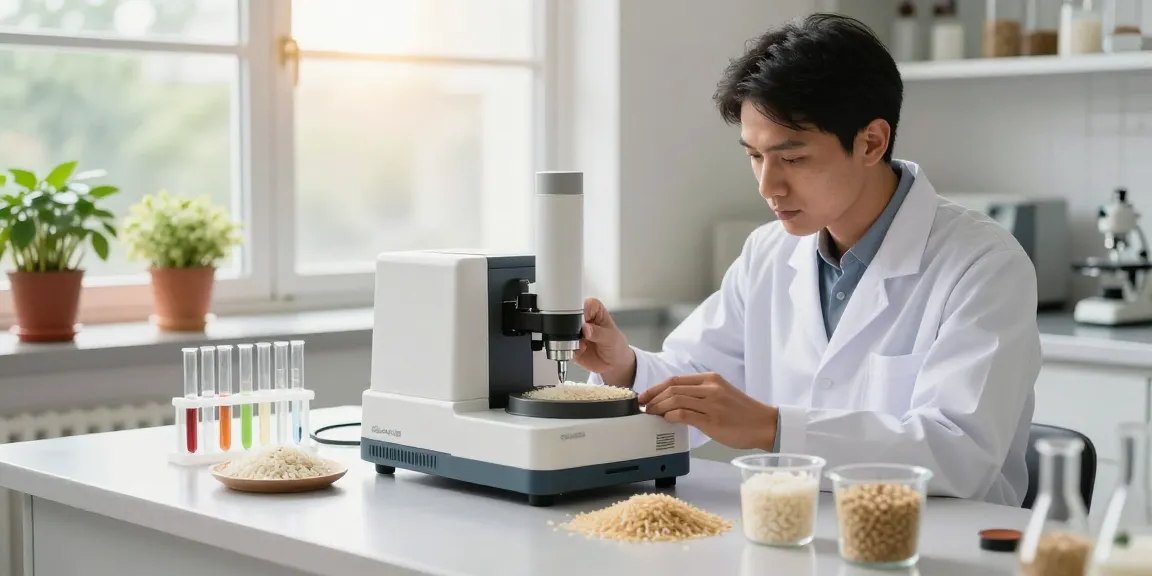 Rice purity test conducted by a food scientist with Basmati samples and analysis tools in a bright kitchen.