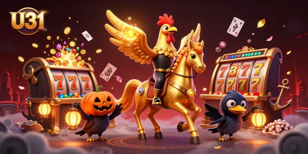 Experience U31 with a golden rooster and pumpkin-headed crows in an exciting casino atmosphere.