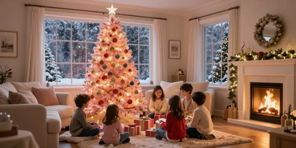 Delightful pink Christmas tree in a cozy living room surrounded by a family celebrating the holidays.