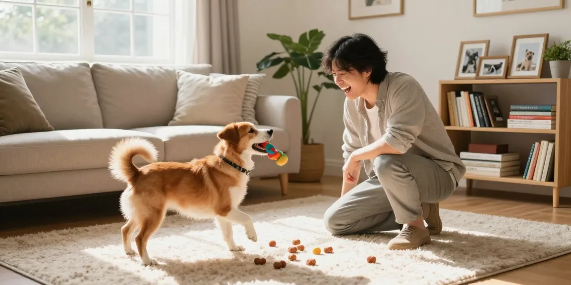 Engaged owner enjoying playful interaction with dog while exploring rokok88 login options in a cozy space.