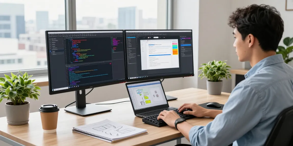 快连 network optimization showcased in a vibrant tech workspace with a developer at dual monitors, enhancing productivity.