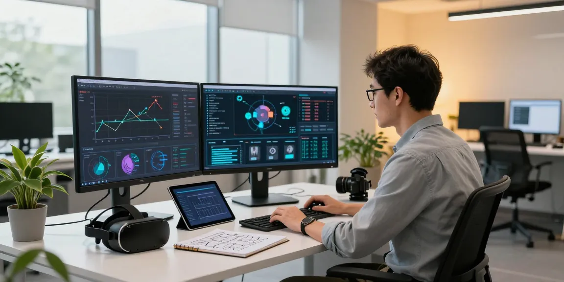 AI detector in action: computer with data visualizations and detection algorithms in a modern office setting.