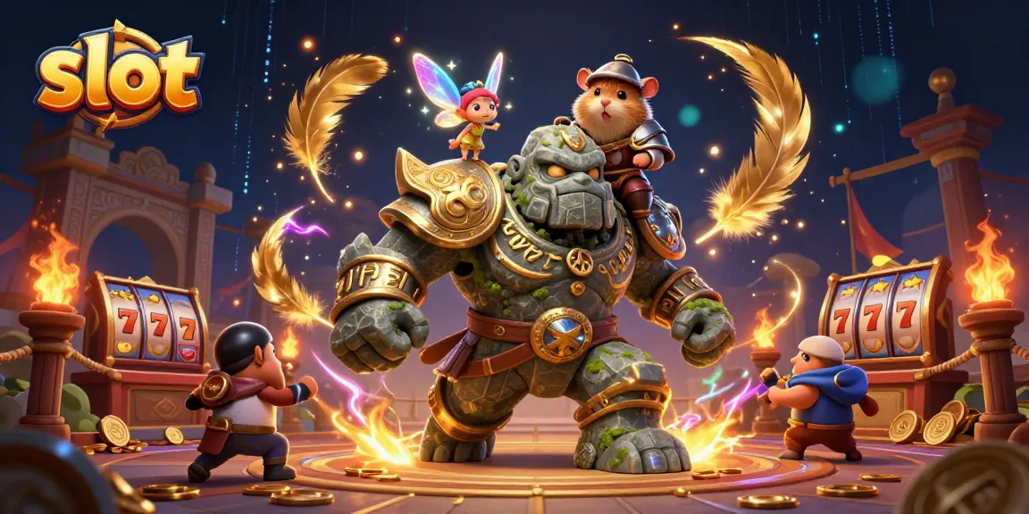 Spin the vibrant slot scene featuring a golem, fairy, and hamster knight amidst magical elements.