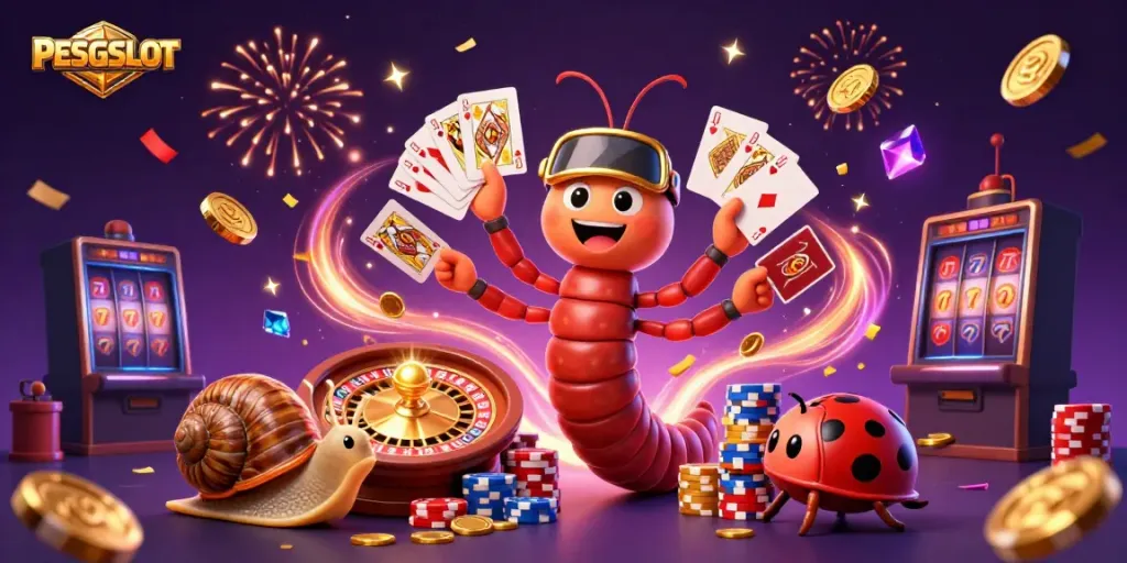 Menggairahkan permainan PESGSLOT dengan dealer, chip besar, dan koin emas yang menyebar.