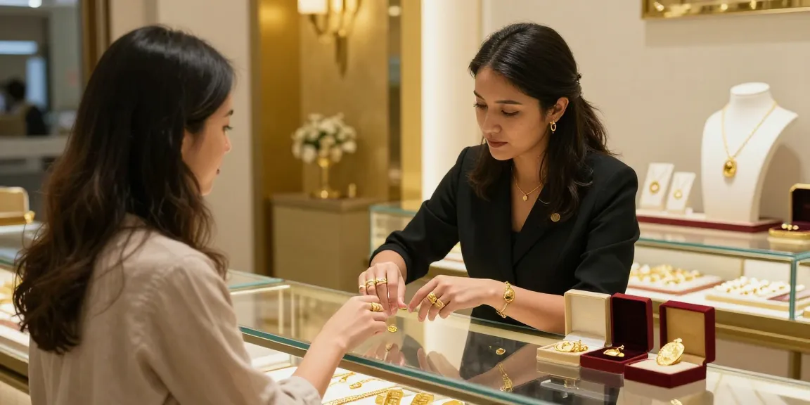 Shop showcasing gold jewelry at https://bahraingoldprices.com/ with a customer selecting luxury items.