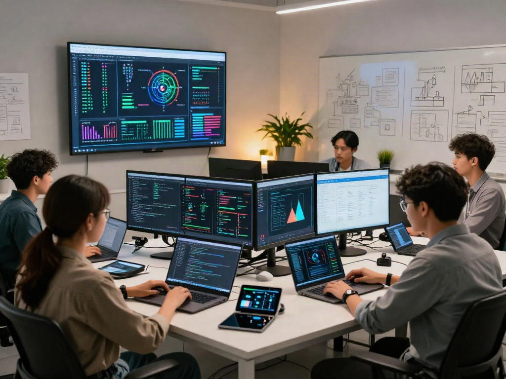AI Detection teamwork in a modern tech lab, showcasing data scientists analyzing algorithms and models.