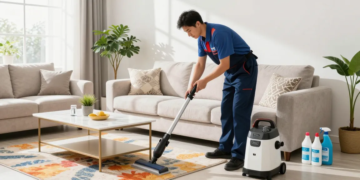 Furniture cleaning service in action, technician cleaning a luxurious sofa in a bright living room.