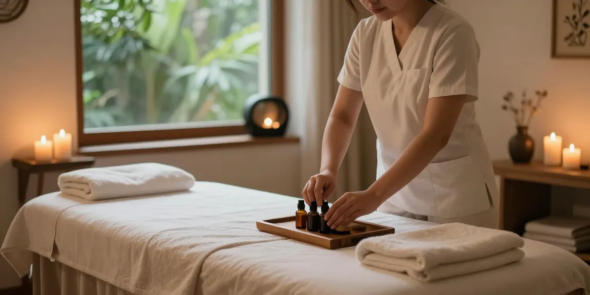 안양출장안마 service with serene massage therapy setup, therapist preparing oils in peaceful room.