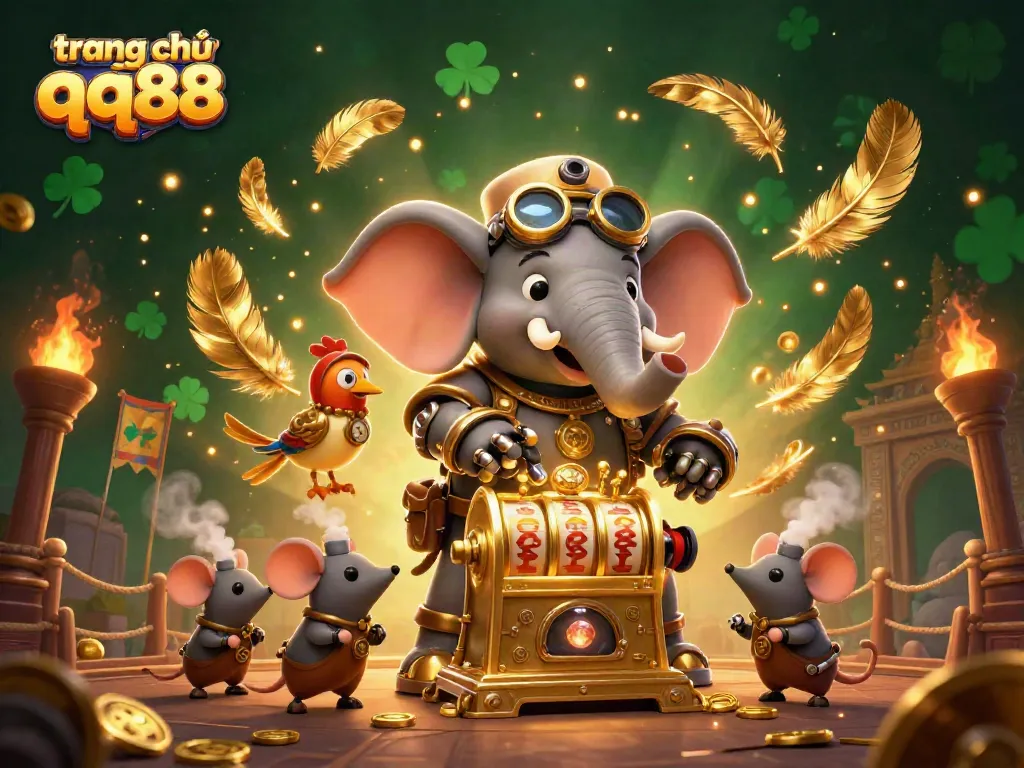 Engage in thrilling gameplay at trang chủ qq88 with a steampunk elephant operating a golden slot machine.