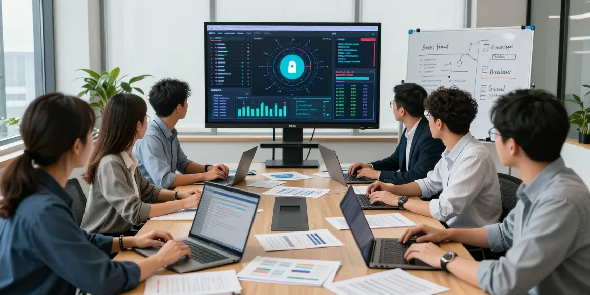 Team collaborating on document fraud detection solution in a modern office, showcasing advanced software and data analysis.
