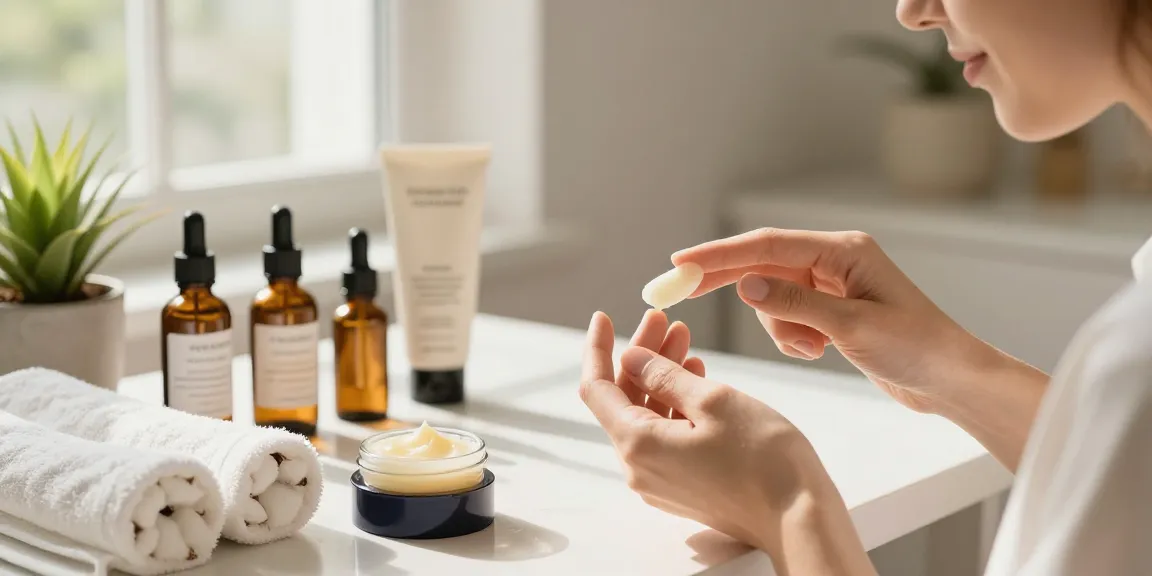 Applying Vitamin Rich Facial Balm in a bright, serene skincare routine.