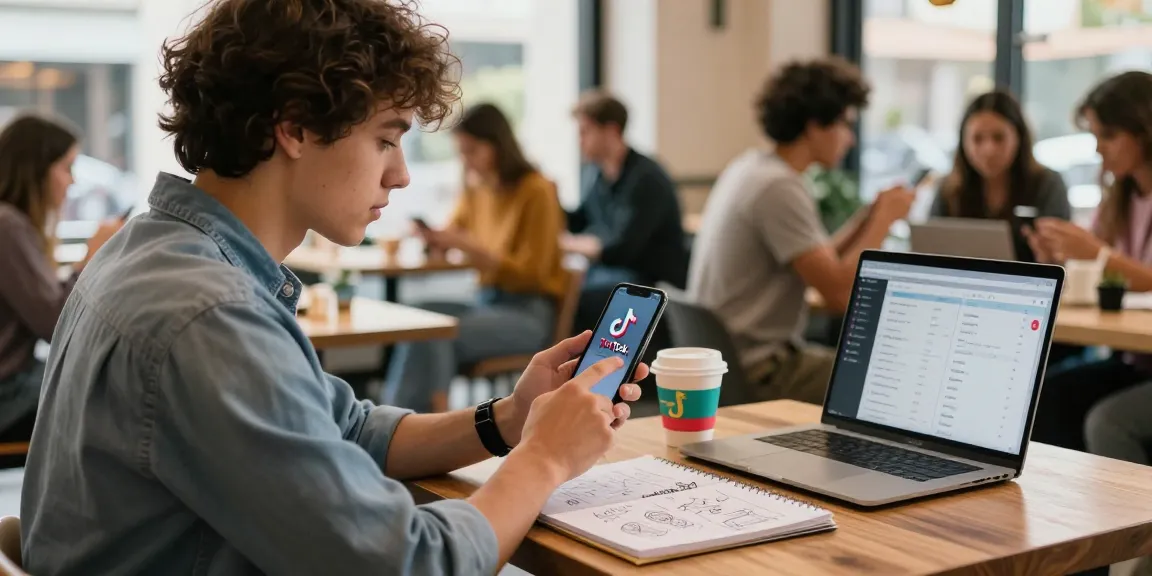 Tiktok likes buy strategy in a vibrant urban café with social media engagement.