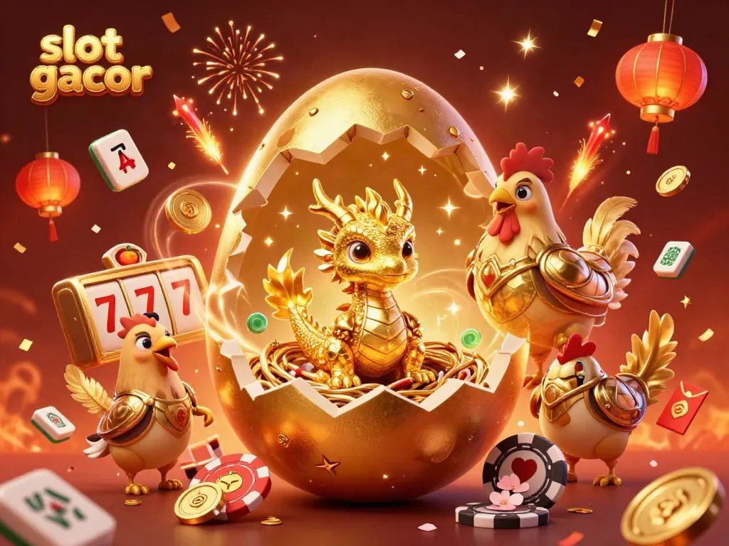 Slot gacor beruntung dengan naga emas dan slot mesin serta confetti menarik di sekelilingnya.
