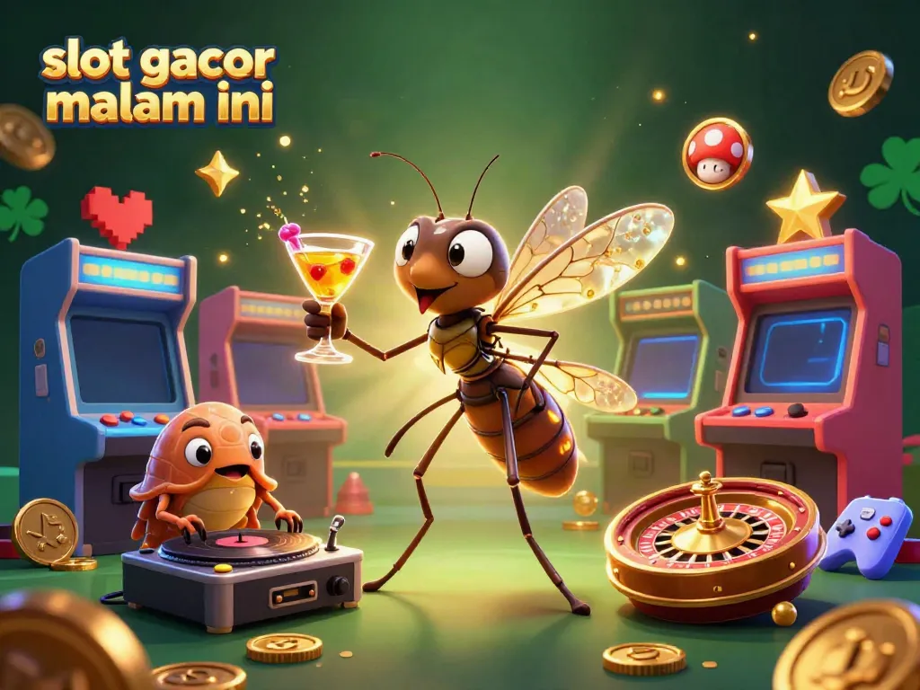 Engage with slot gacor malam ini featuring a vibrant 3D casino scene full of animated game characters.