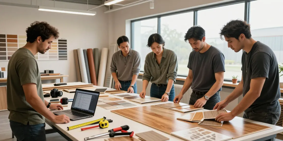 Team collaborating on flooring designs using flooring software and material samples.