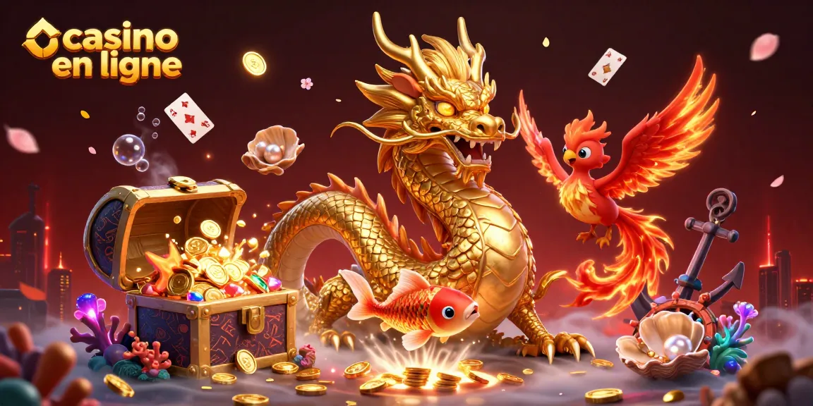 Découvrez l'excitation du casino en ligne avec des illustrations vibrantes sur le thème du casino mettant en scène des créatures mystiques et des trésors.