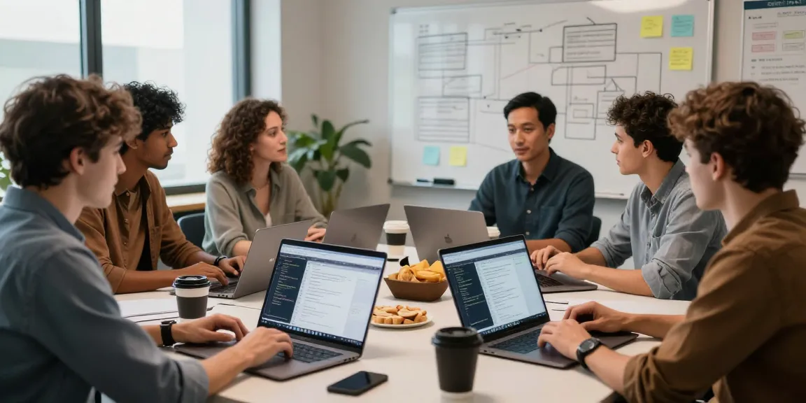 Reunión de desarrollo de software donde se destaca el segundo número en las pantallas de los ordenadores.